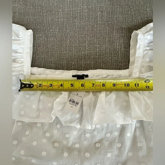 Ann Taylor White Swiss Dot Ruffle Sleeve Top Size M 100% Cotton Blouse NWT - Picture 10 of 12